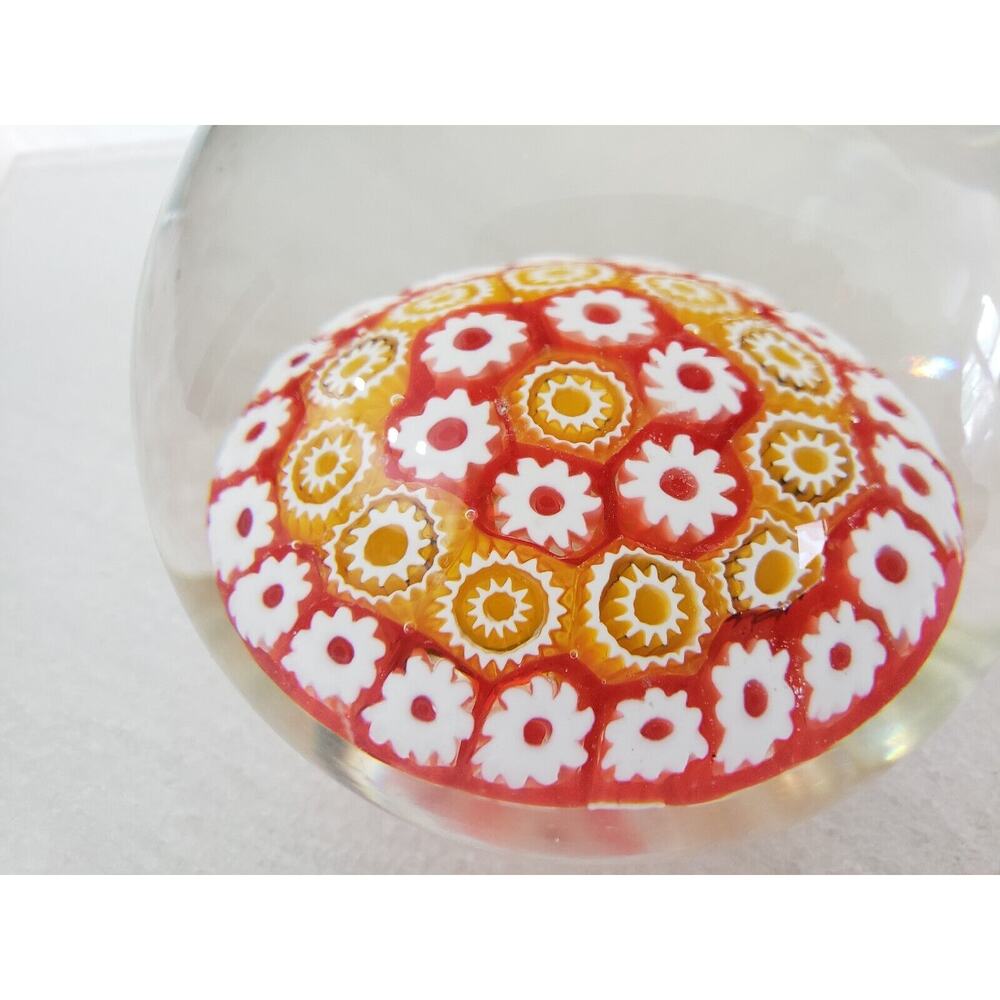 Vintage Murano Millefiori Glass Paperweight Orange w/Sticker 80mm Concentric